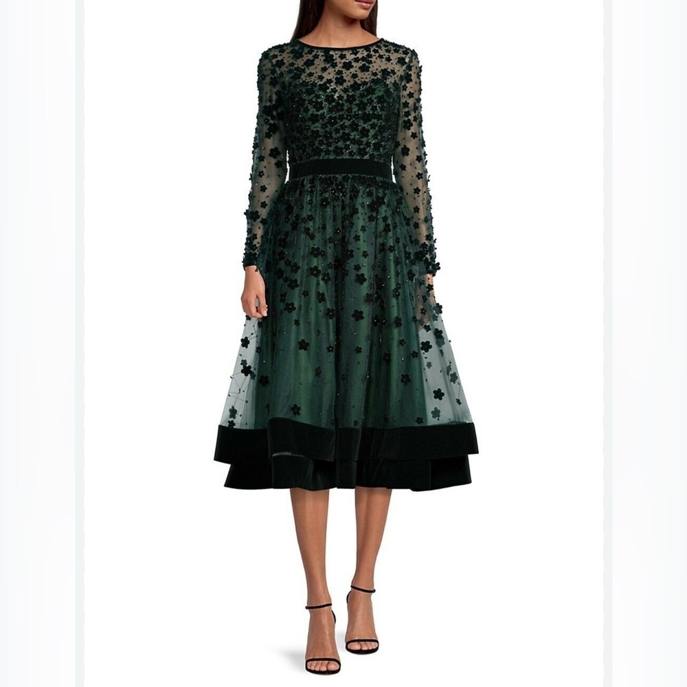 Mac Duggal Embellished Illusion High Neck Long Sleeve Fit & Flare Dress size XL